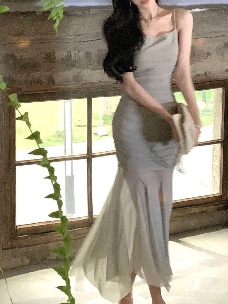 

Женское винтажное длинное платье без рукавов, однотонное платье средней длины на бретелях-спагетти со складками, Новинка лета 2023