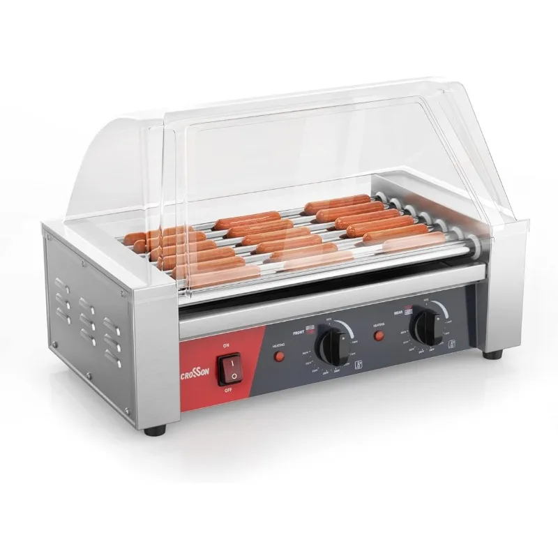 

CROSSON Hot Dog 7 Roller Grill Cooker Machine with Transparent Sneeze Guard,7 Nonstick Machine-120V, 830W