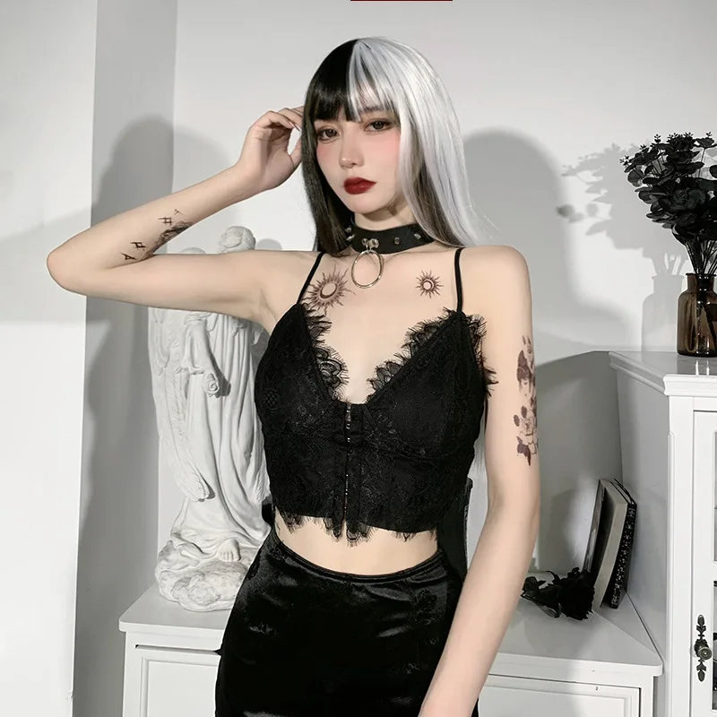

Summer Grunge Gothic Punk Black Women Camis Lace Patchwork Mall Goth Emo Bodycon Sexy Crop Tops Aesthetic Velvet Tops for Women