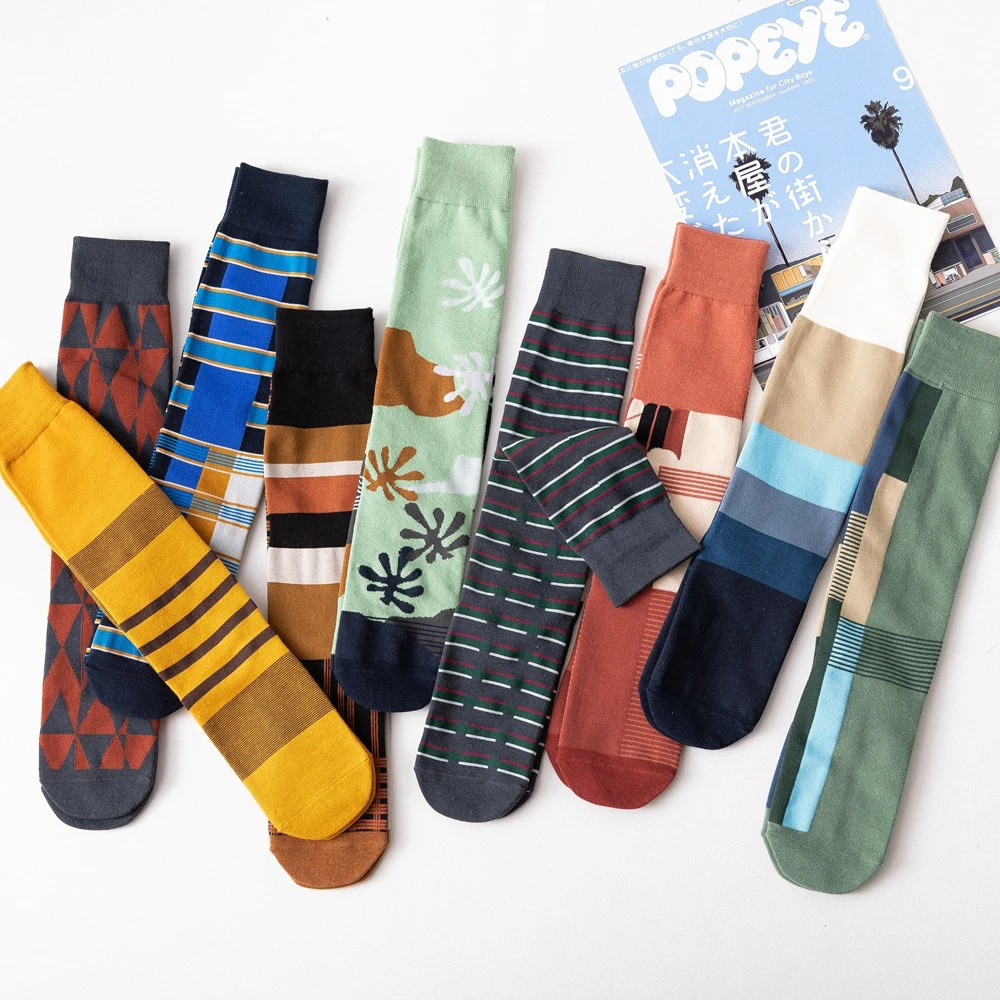 

New Fashion Women's Knee Socks Korean Asymmetrical AB Personality Trendy College Style Flowers Stripes Geometric Stockings
