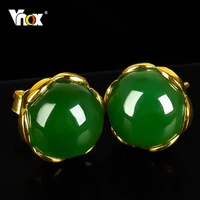 vnox vintage green stone earrings for women gold color solid metal flower stud retro jewelry