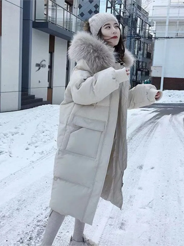 Women's Winter Fur Collar Long Coat Fashion Thick Warm Cotton Coat With Pockets Parka Female Vintage Padded Jacket Oversized