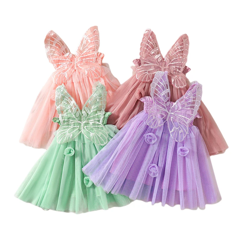 

Toddler Kid Baby Girl Cute Puffy Fairy Princess Dress Sleeveless Tulle Birthday Party Mesh Dress with Butterfly Wings Ball Dress