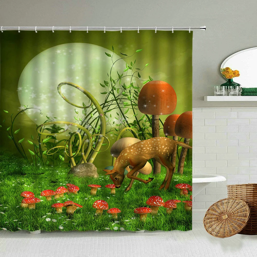 

Fairytale Forest Shower Curtain Fantasy Green Meadow Red Mushroom Moon Grass Vine Jungle Wonderland Bathroom Decor Bath Curtains