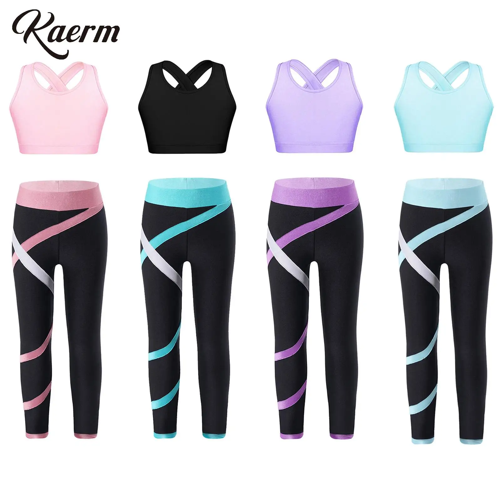 

Kids 2 Pcs Ice Skater Sweatsuits Girls Solid Crisscross Sports Bra with Legging Pants Sporty Bodysuit Ballet Dancewear Jumpsuit