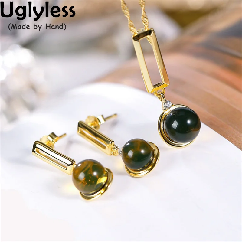 

Uglyless Simple Geometric Hollow Square Jewelry Sets for Women Natural Blue Amber Necklaces Earrings Real 925 Silver Brincos
