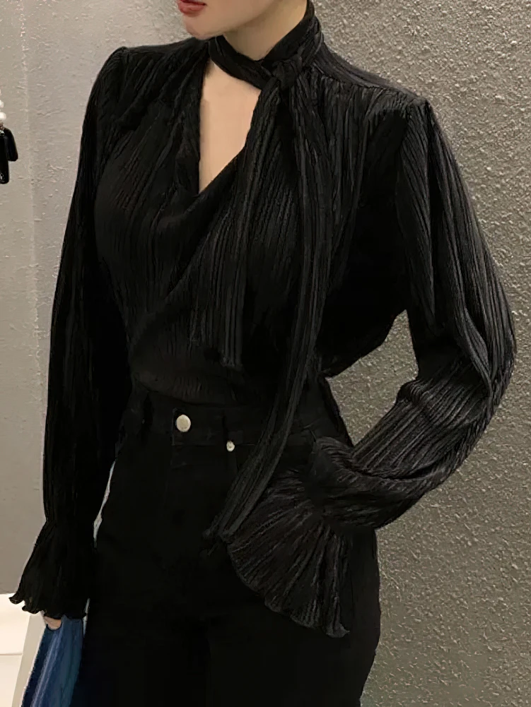 Женская плиссированная блузка с длинным рукавом и завязками