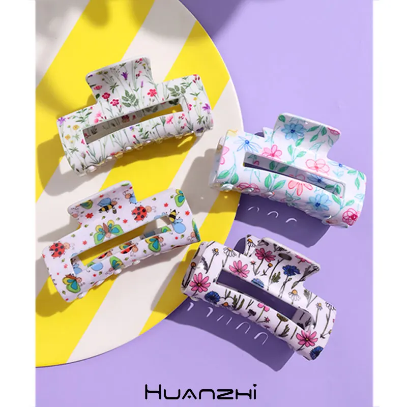 Ful Printing Pink Flower Daisy Bee Ladybug  Purple Lavender White Rectangle Hollow Out Hair Claws For Women Summer Jewelry