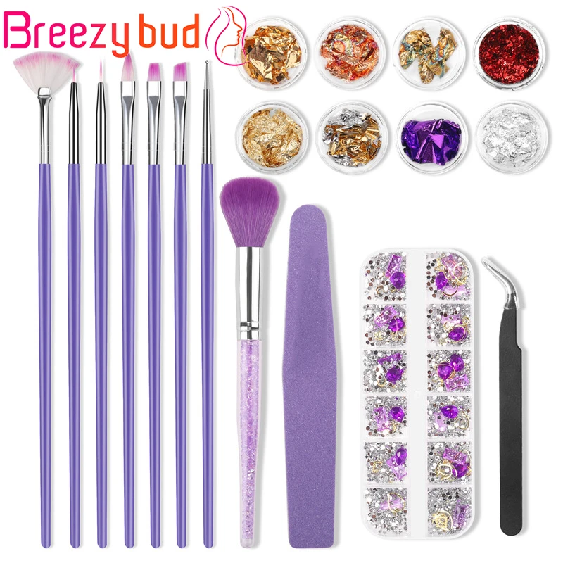 

18Pcs Nail Art Brush Set Nail Art Drawing Pen Nail File Tool Carving Gel Nail Brushes Nail Rhinestones Foil Paper Manicure Kit
