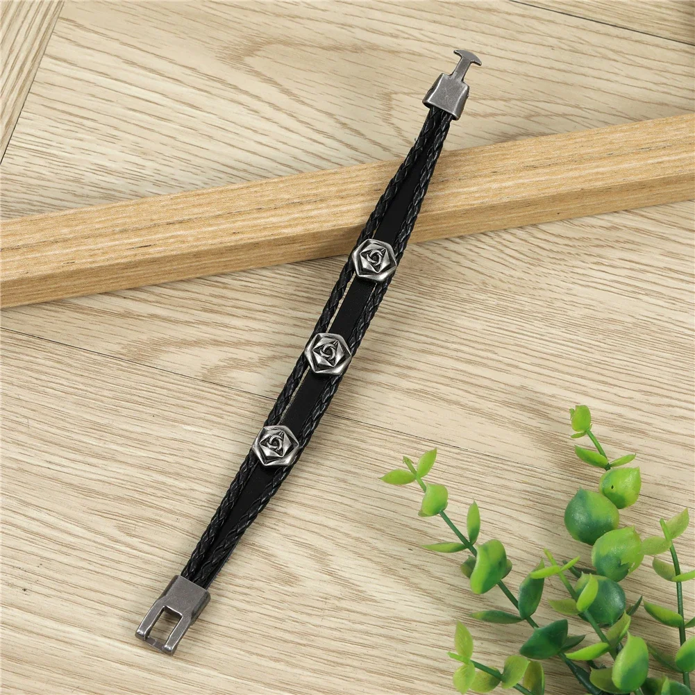 Классический черный кожаный браслет регулируемый размер розовый для мужчин