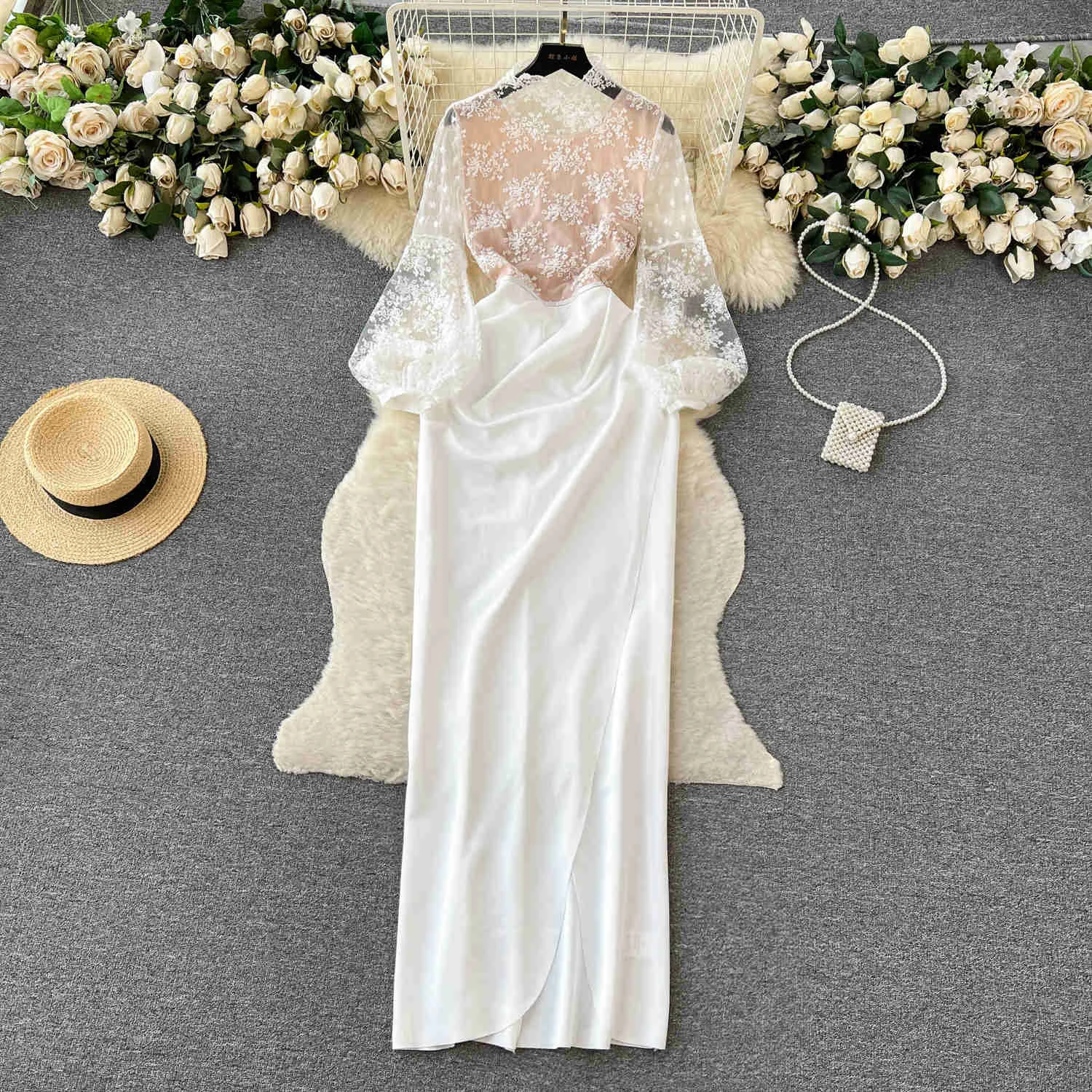 

Women Elegant White Transprent Mesh Embroidery Maxi Dress Summer Sexy Lantern Sleeve Patchwork High Split Long Club Party Dress