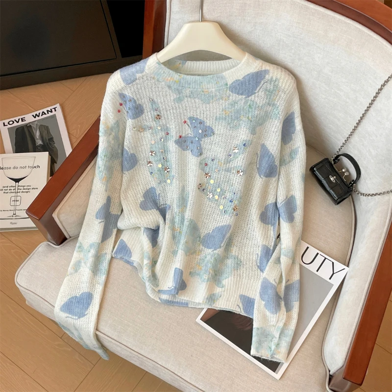 Женский трикотажный свитер Bomon мягкий и удобный с вышивкой бабочками блестками