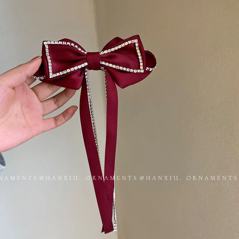 

Красная Новогодняя бархатная заколка для волос со стразами и бантом, модная простая дизайнерская длинная заколка с кисточками, весенние кр...