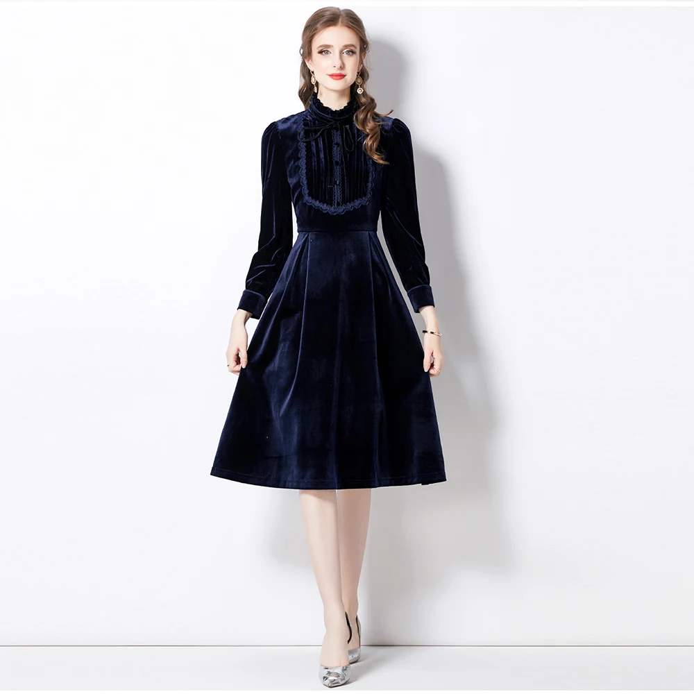 

Autumn Winter Runway Blue Red Velvet Dress Women Long Sleeve Stand Collar Party Dinner Slim High Waist Casual Midi Vestidos