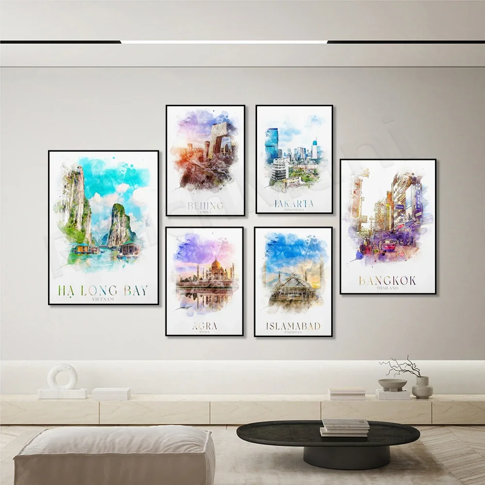 Halong Bay Vietnam Bangkok Thailand China Delhi India Agra Islamabad Pakistan Jakarta Indonesia watercolor travel poster