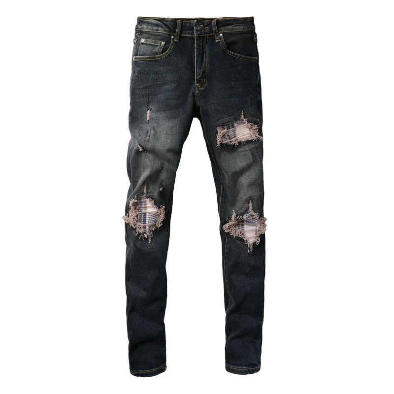 High Street Fashion Men Jeans Retro Black Blue Elastic Skinny Fit Ripped Jeans Men Patched Designer Hip Hop Brand Pants Hombre