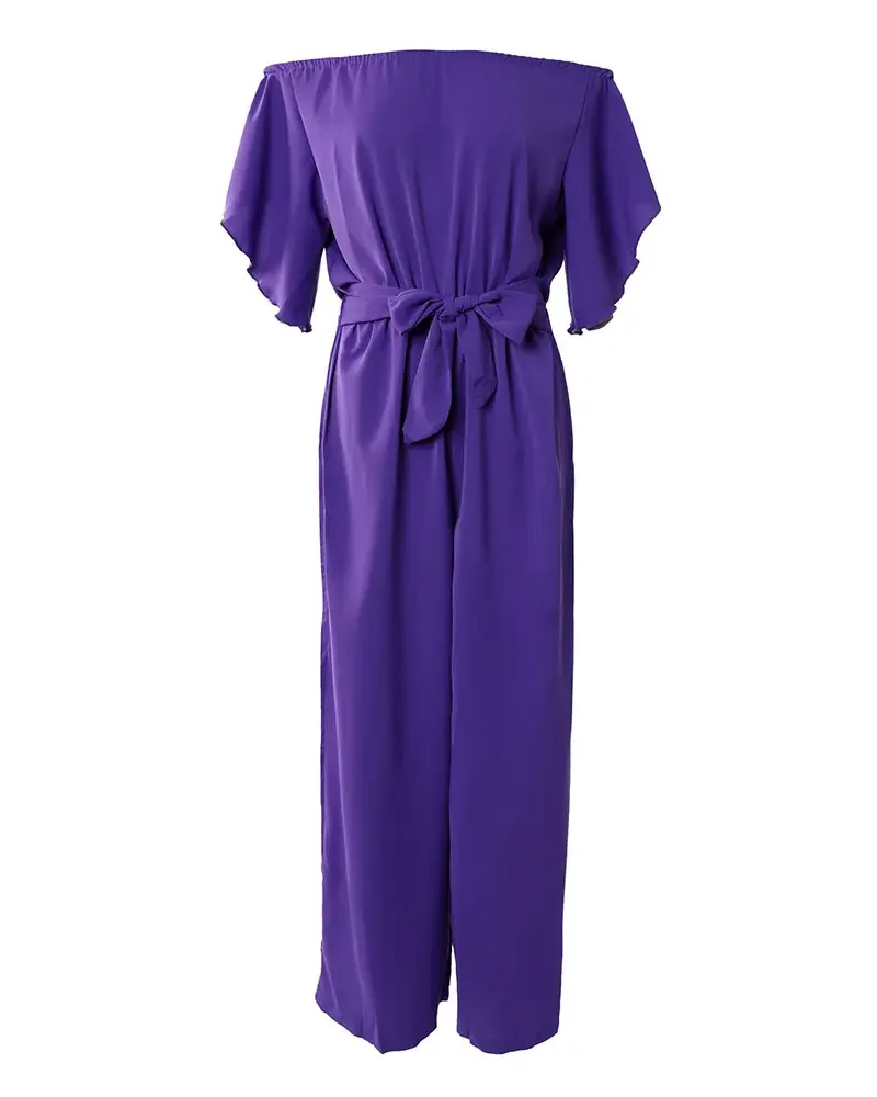 Women Jumpsuits Casual Office Lady High Waist Wide Leg Pants Jumpsuits Summer Sexy Off Shoulder Tied Detail Purple Jumpsuit NEW