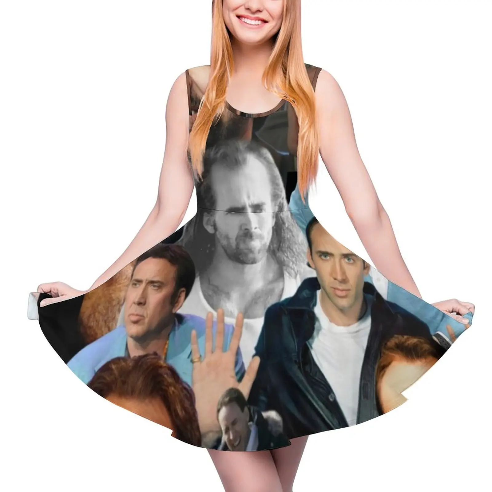 

Nicolas Cage Dress Funny Meme Print Sexy Dresses Sleeveless Streetwear Skate Dress Woman Printed Clothing Gift