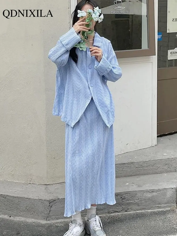 

2023 Women's Summer Suit with Skirt New Chic and Elegant Matching Sets Vintage Casual Shirt Hight Waist Thin Skirts 2 Piece Set