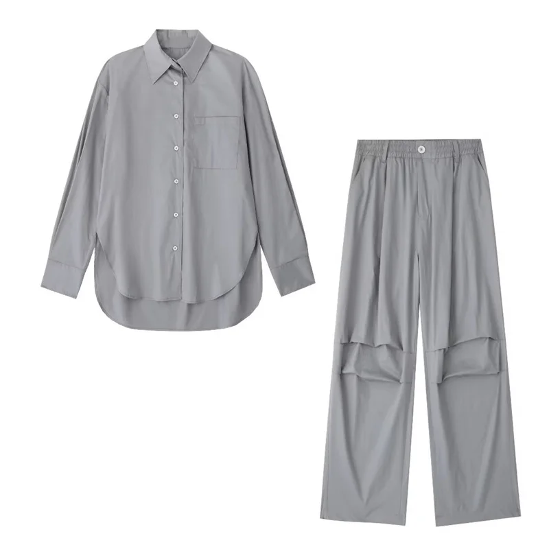 

Woman Fashion Loose Gray Popeline Shirt Suit 2023 Spring Female Solid High Street Match Sets Ladies Cool Cargo Pants Suits