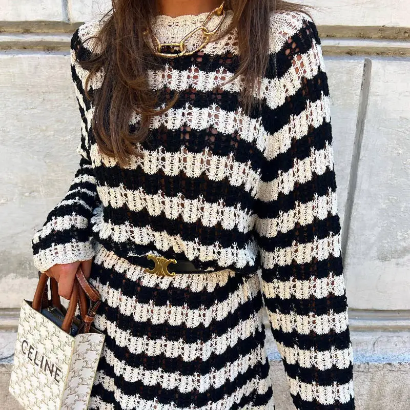 

Knitted Striped Dress Long Sleeve Sweater Dress Woman Fashion Vintage Autumn Winter New O Neck Hollow Out Dresses Female Clothes