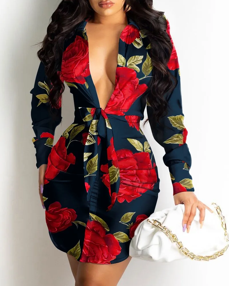 

Floral Print Dresses Women Autumn Summer 2021 New Fashion Plunging Knot Tie Shirt Dress Lady Female Dresses Red White