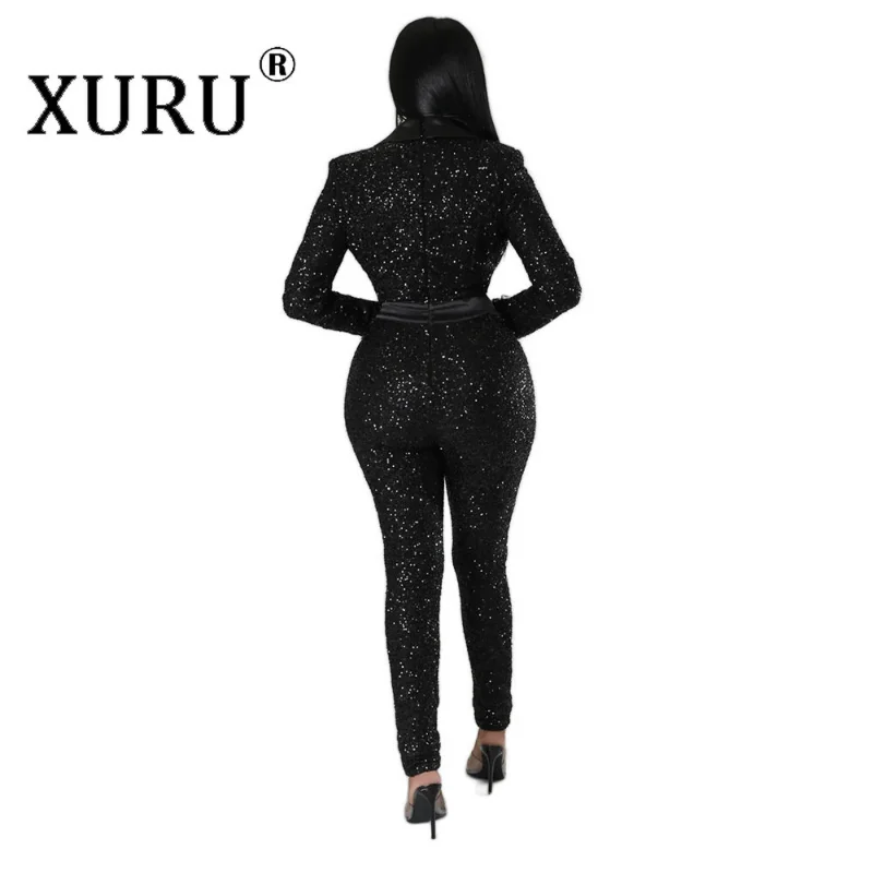 XURU Sexy Deep V Slim Fitting Long Sleeve Jumpsuit, Velvet Beaded Black Jumpsuit, Sexy Nightclub Party Jumpsuit for Women