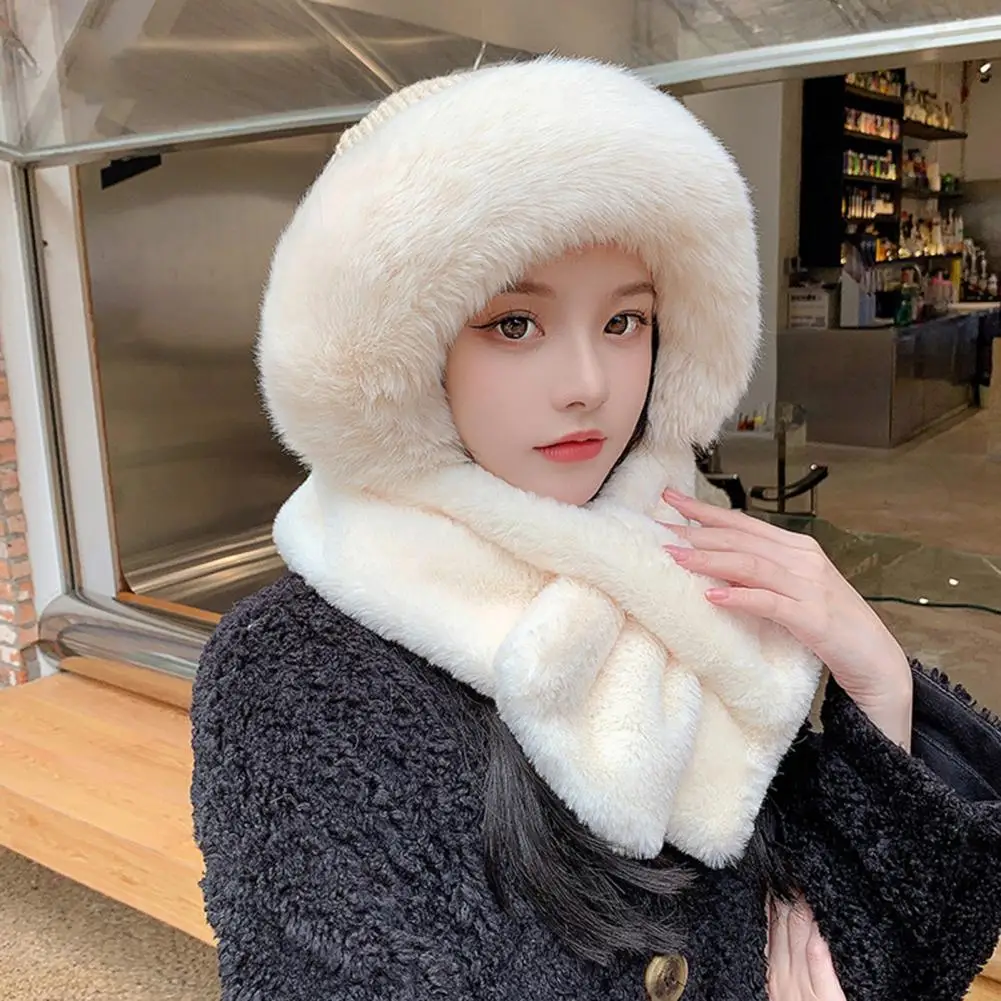 

Winter Hat Scarf Solid Color Plush Furry Cross Knitted Cold-proof Soft Windproof Lady Scarf Hat for Skating