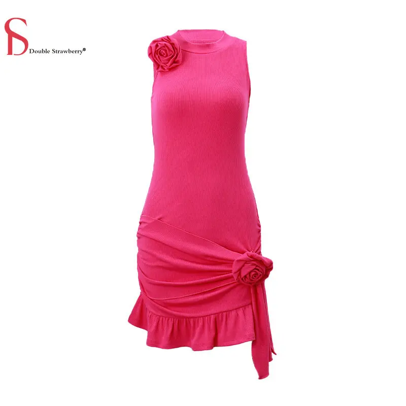 

3d Flower Sexy Dresses New Women's Round Neck Pullover Light Mature Wind Pleated Ruffle Edge Slim Fit Dress
