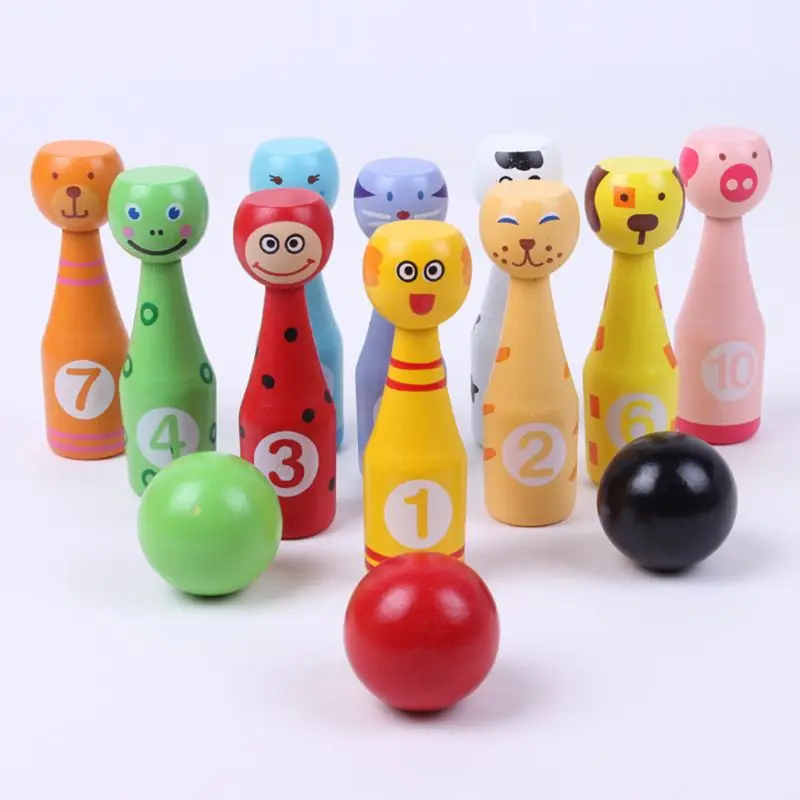 

13 Pieces Wooden Bowling Set with Animal Faces and Numbers Kids Garden for Indoor and Outdoor Sports Games