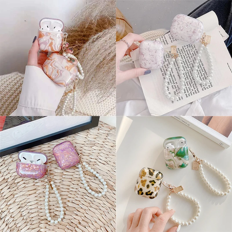 

3D Marble Glossy Shell TPU Wireless Bluetooth Earphone case for Apple AirPods 1 2 Pro 3 Headset cover Box Shiny Pearl keychain