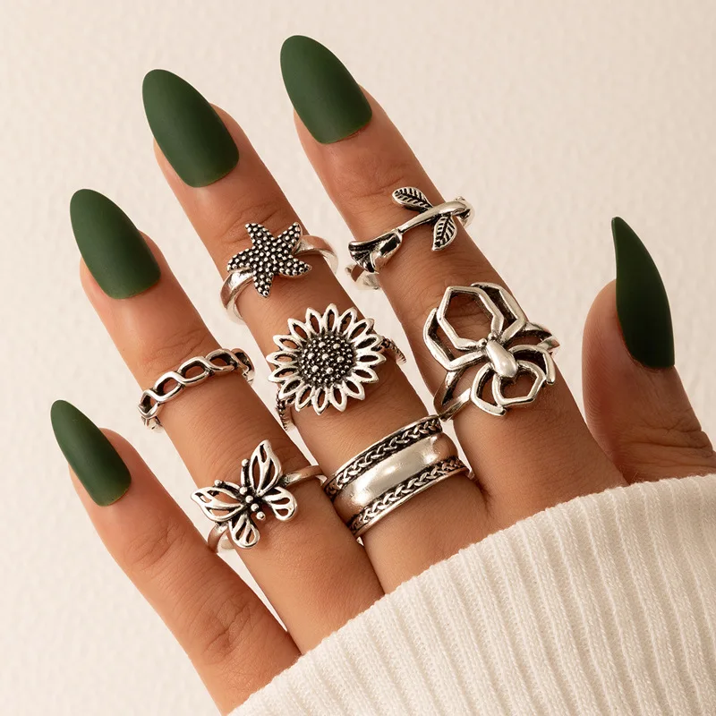 

Trendy Boho Knuckle Ring Set For Women Starfish flower butterfly spider Crystal Geometric Finger Rings Fashion Bohemian Jewelry