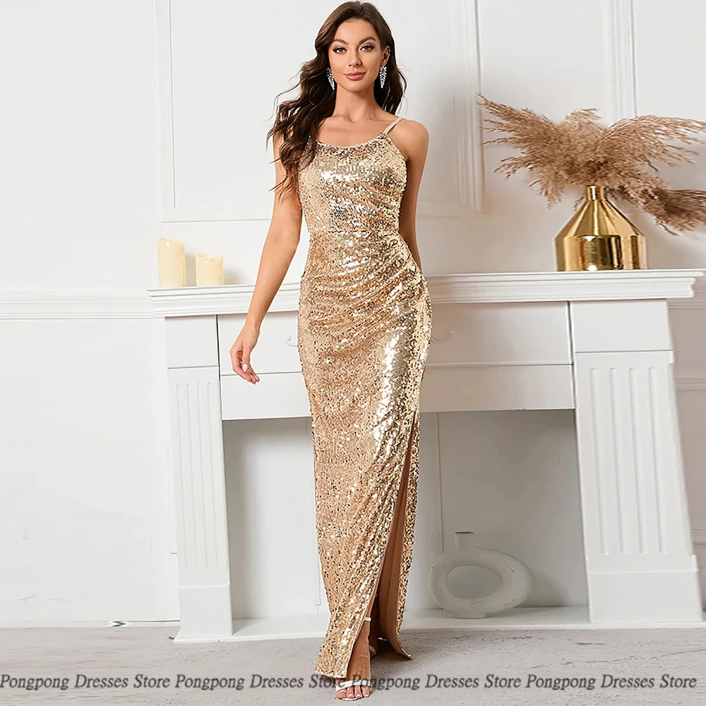 

High Quality Mermaid Evening Dresses Spaghetti Paillette Sleeveless Open Back Party Glitter Women Dress Vestidos De Fies
