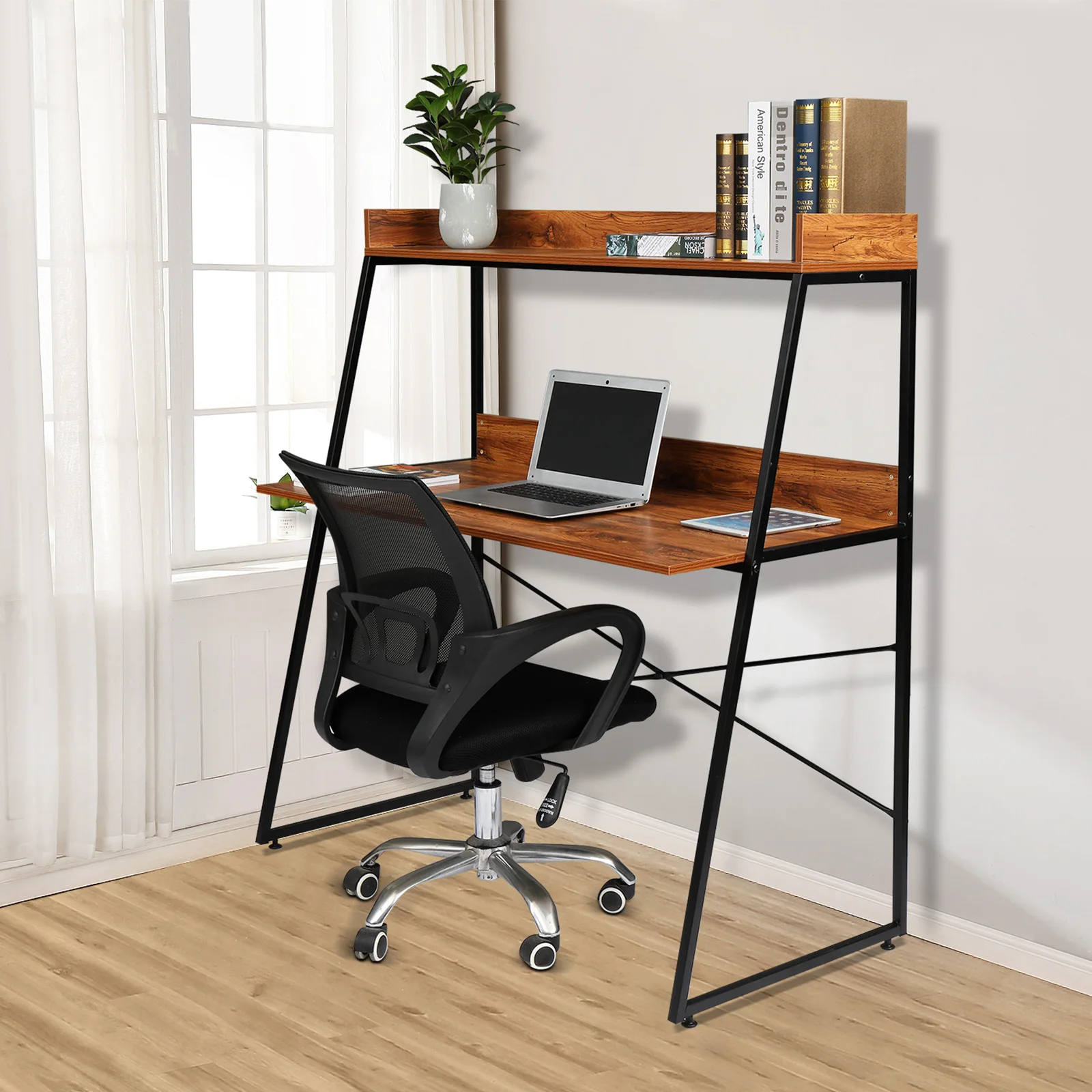 

120cm Vintage Color Particleboard With Triamine On The Table With Shelf Layer Computer Desk Space-Saving Multifunctional Desk