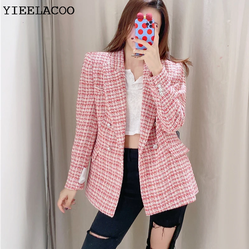 Red Tweed Jacket Casual Textured Small Fragrant  One-Piece Spring / Autumn Women's Double Breasted Suit Coat ladies
