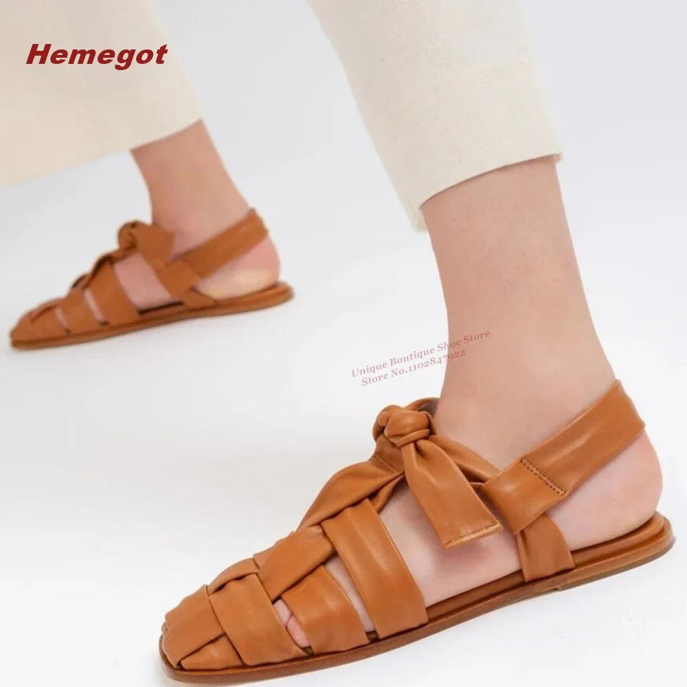 

Brown Weave Lace Up Sandals Flat with Square Toe Sligback Summer Sandals for Women 2023 New Brand Soft Leather Casual Beach Shoe