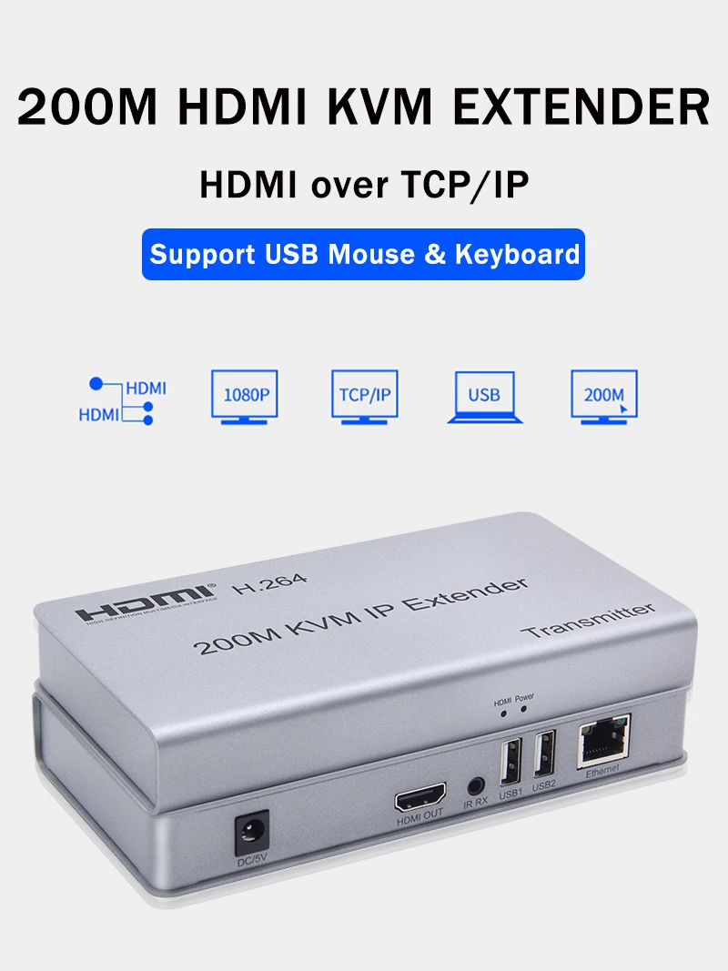 

HDMI KVM IP-удлинитель H.264 200 м через Ethernet-кабель RJ45 Cat6, видеопередатчик, приемник, конвертер для камеры PS4, ноутбука, ПК, ТВ