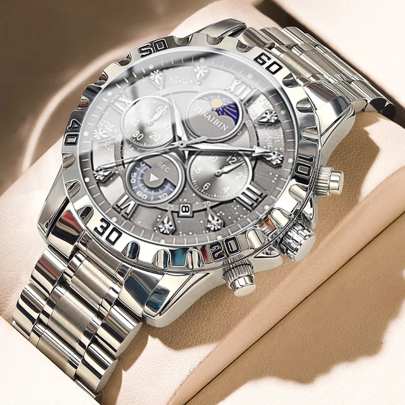 Trend Fashion Men's Watches Hollowed Out Dial Original Quartz Watch for Man Waterproof Stainless Steel Chronograph Moon Phase