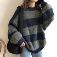 women sweater long sleeve vintage knitted casual sweaters streetwear loose jumper knitwear korean autumn winter stripedpullover