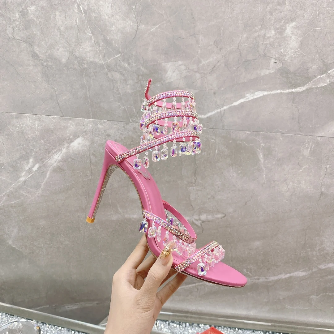 

Women Shoes Elegant Evening Sandals Chandelier Stiletto Heel Crystal Jewel Wedding Shoes Snake Wrap 9.5cm High Heels Brand Oeing