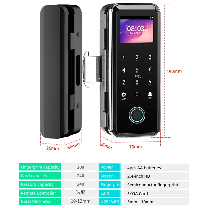 Fingerprint Door Lock For Glass Wooden Metal No Limited Smart Home WeChat APP Control Sliding Keypad Gate Opener |