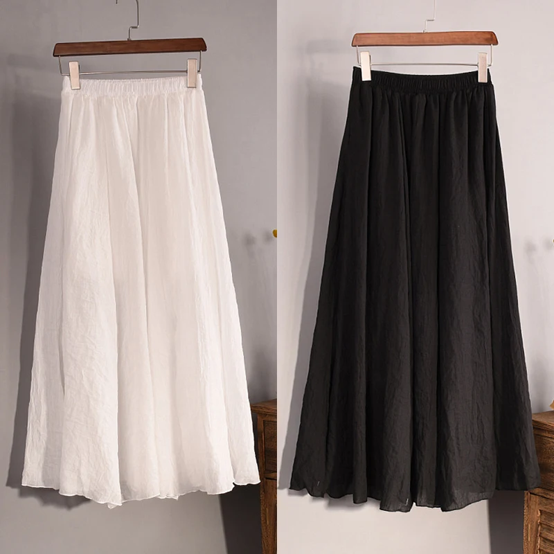 

Womens Cotton Linen Skirt Casual Big Hem Elastic Waist A-line Skirt Beach Maxi Pleated Comfort Linen Skirt Spring Summer