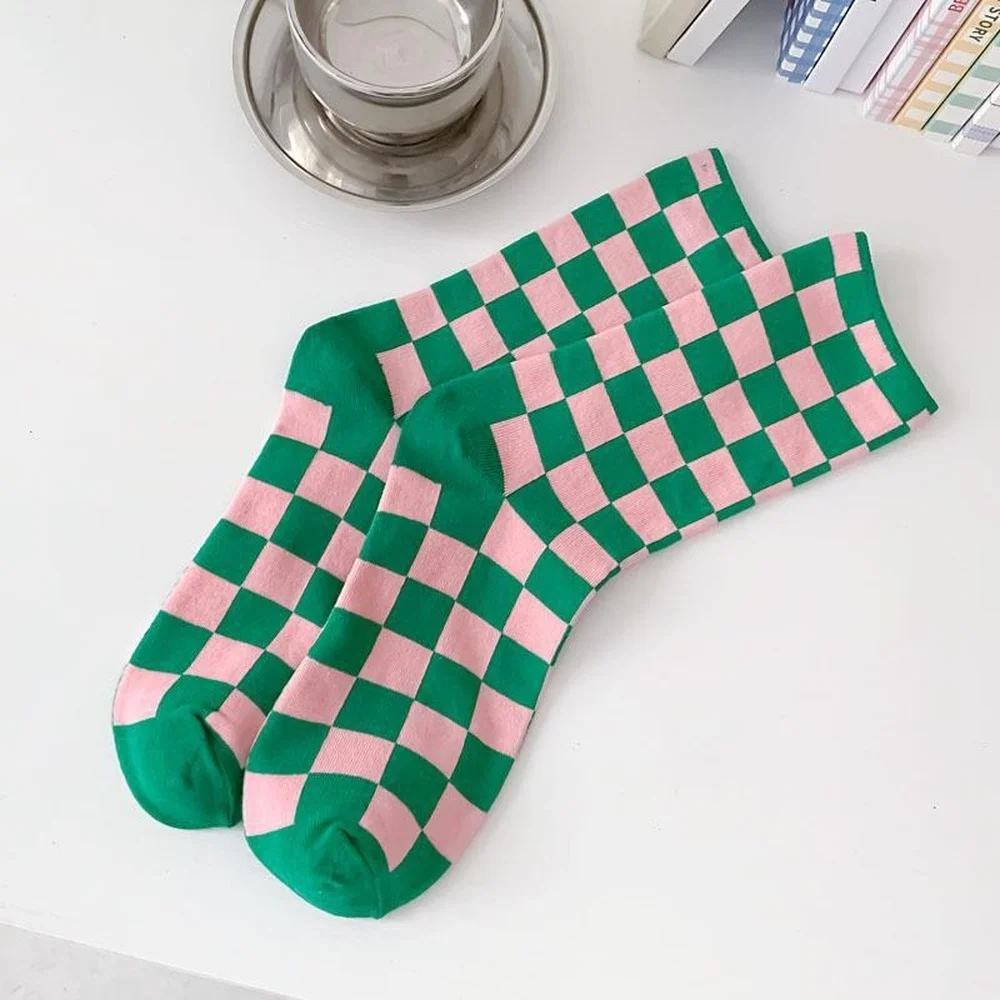 6 Pairs New Plaid Mid-tube Men and Women Cotton Socks Breathable Soft Unisex Korean Casual Simple Cartoon Socks Wholesale