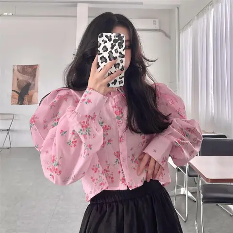 Korobov, розовые рубашки с цветочным рисунком для уменьшения возраста, Осенний кроп-топ с рукавами-фонариками на талии, винтажные милые блузки в Корейском стиле