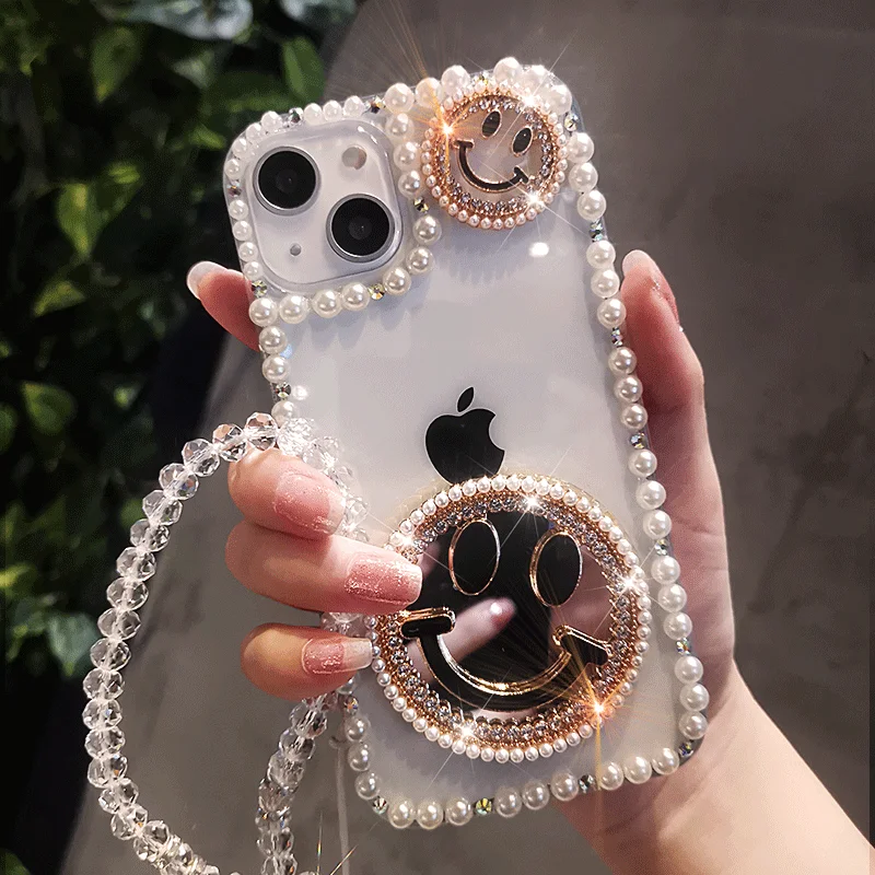 

Rhinestone Pearl Edge Case for Iphone 12 11 13 Mirror Smiley Wrist Lanyard Case for Iphone 13 12 11 Pro Max Mobile Phone Case