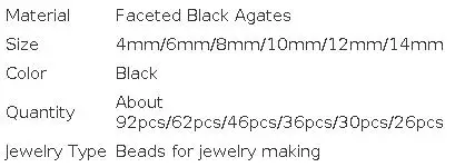 Natural Smooth Faceted Black Agates Beads 15'' Strand 4/6/8/10/12/14mm Round Loose Stone Beads for Jewelry Making Diy Bracelets