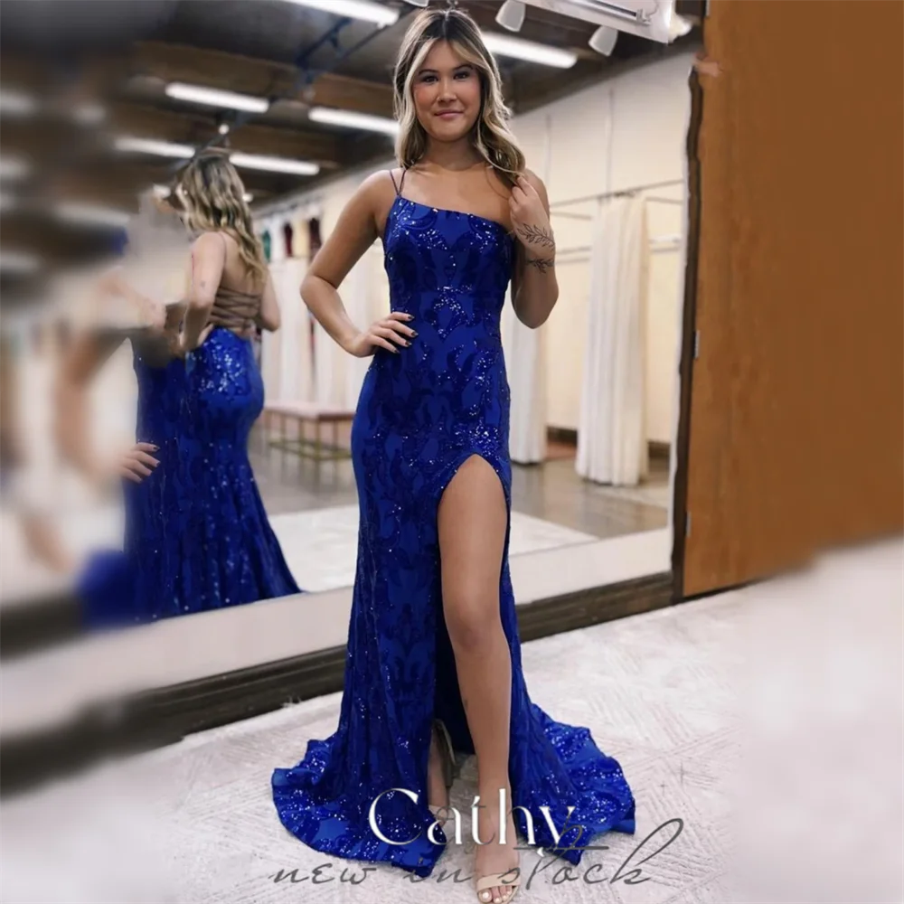 

Cathy Sapphire Blue Prom Dress 2023 Sexy Spaghetti Strap Mermaid Vestidos De Noche Gliiter Lace Embroid فساتين مناسبة رسمية