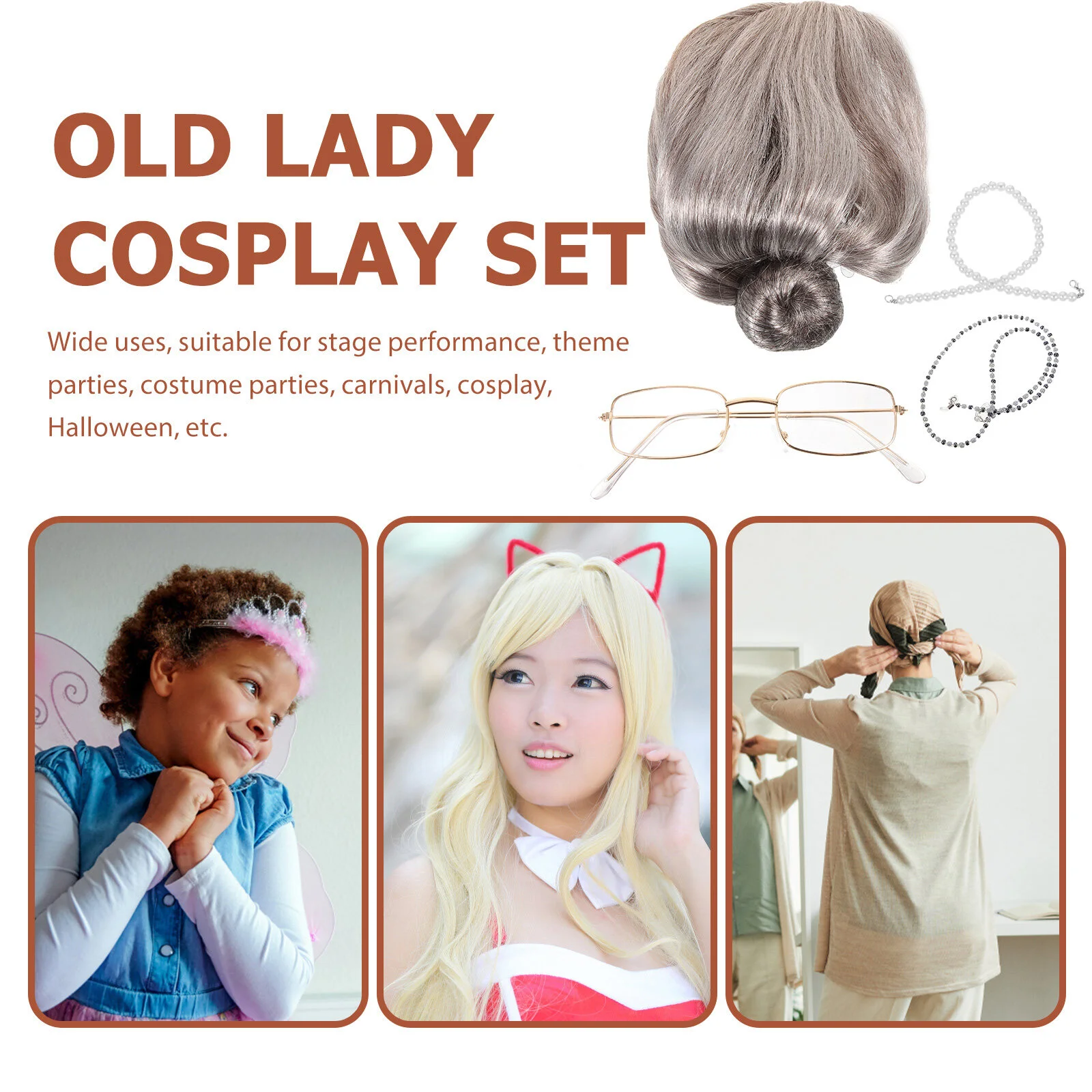 

Glasses Chain Role Play Outfits Grandma Costume Pearl Granny Necklace Props Old Lady Cosplay Kit Silk Miss Party Supply