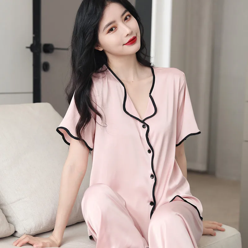 Spring Summer Silk Pajamas Women's Short-Sleeved Trousers Suit Large Size Loose Pure Color Ruffles Ice Silk Leisure Homewear