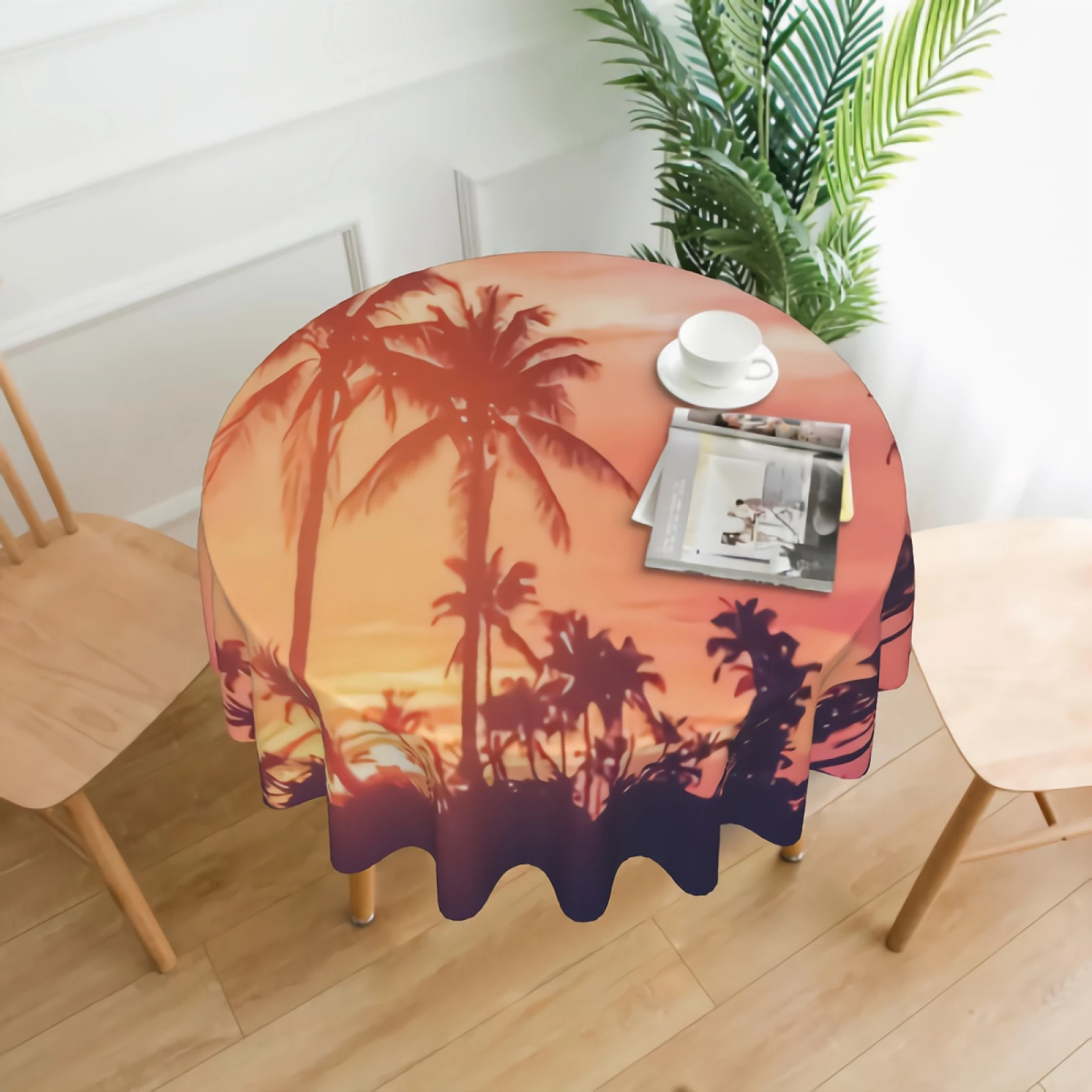 

Tropical Palm Tree With Sun Light Table Cover 60 Inches Farmhouse Tablecloth for Holiday Kitchen Party Picnic Dining Decor